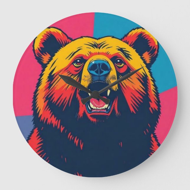 Grizzy Bär Pop Art Große Wanduhr (Vorderseite)