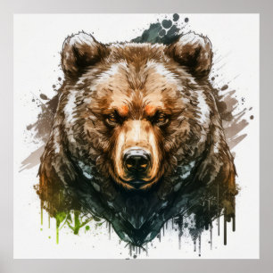 Grizzy Bären Portrait Tiermalerei Kunst, Dichtung Poster