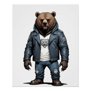 Grizzy Biker Rebell in Leather Jacket Cool Poster