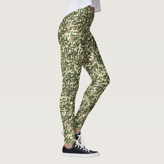 Grobgrüne Sepia-Mosaikschichten und Glitzern Leggings (Rechts)