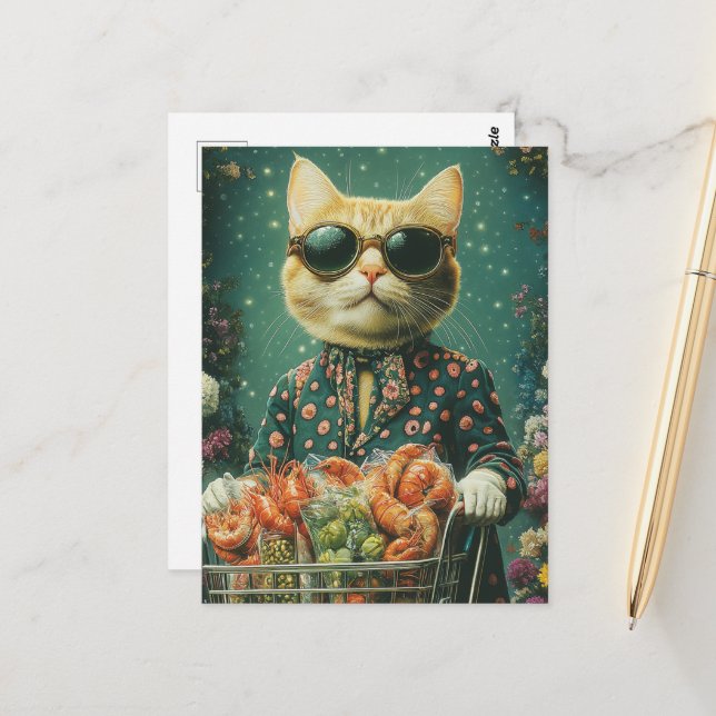 Grocery Shopping Ginger Cat in Sonnenbrille Postkarte (Vorderseite/Rückseite Beispiel)
