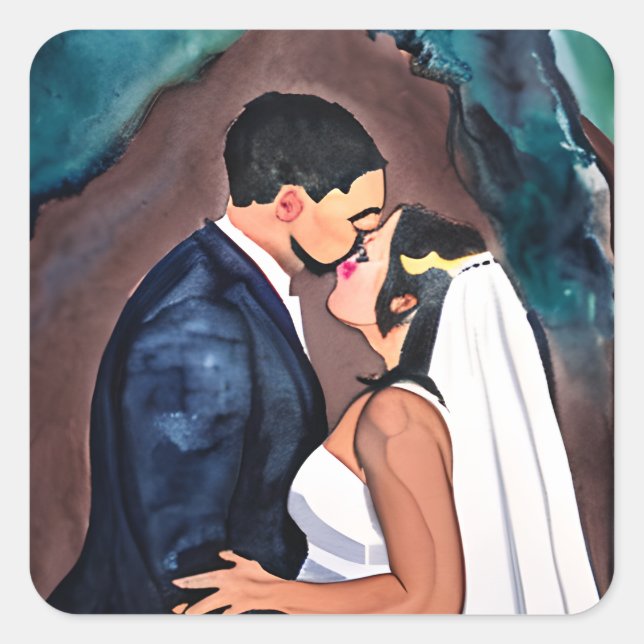 Groom and Bride Wedding Kiss Quadratischer Aufkleber (Vorderseite)