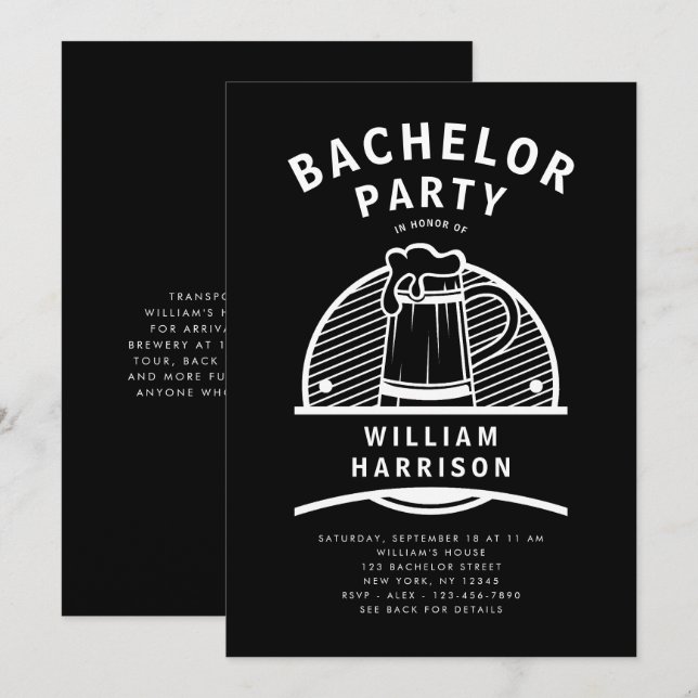 Groom Bachelor Party Schwarz-Weiß Brauerei Tour Einladung (Vorne/Hinten)
