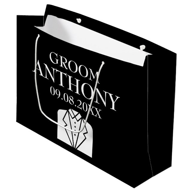 Groom Black Elegant Moderne Namen Geschenke Hochze Große Geschenktüte (Vorderseite Schrägansicht)