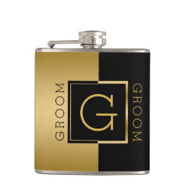Groom Gold & Black Modern Geometric Design Flachmann