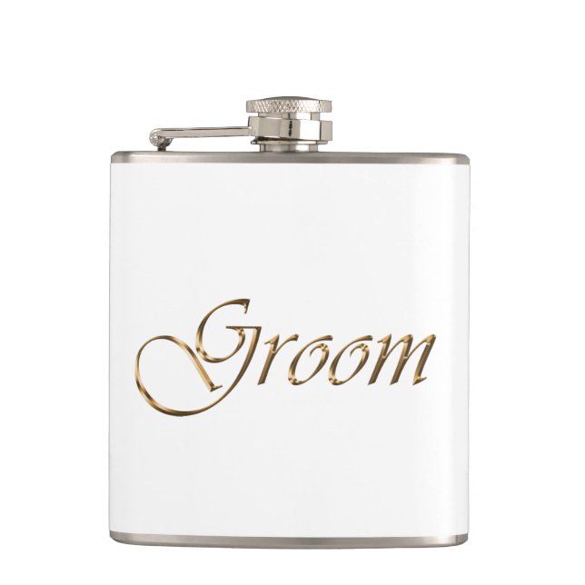 Groom, goldene Drehschrift elegante Weiß Flachmann (Vorderseite)