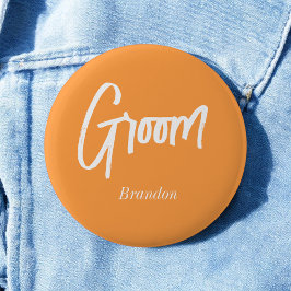 Groom Orange White Script Wedding Button