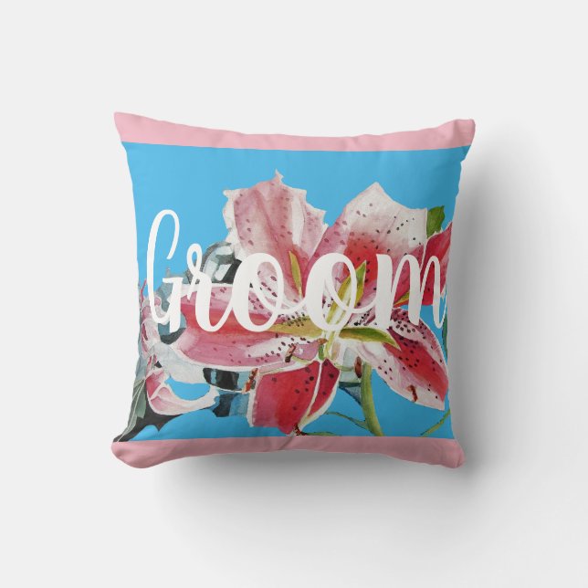 Groom Pink Retro Lily florale Hochzeitsdekissen Ki Kissen (Vorderseite)