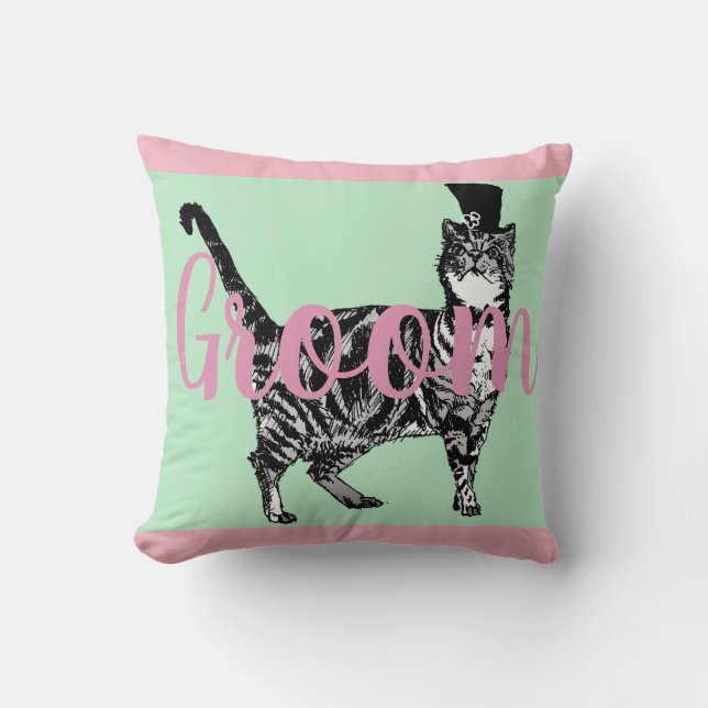 Groom Pink Tabby chat floral Mariage Décor Coussin (Recto)