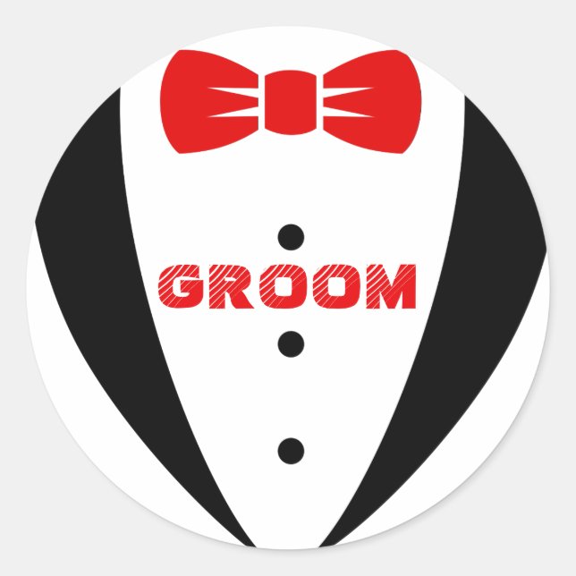 Groom Tex-Black Tuxedo & Red Bowtie Runder Aufkleber (Vorderseite)