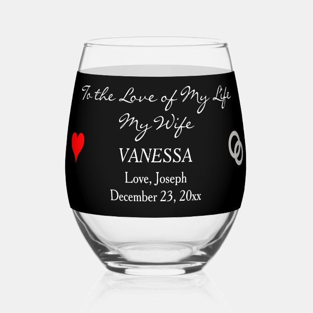 Groom to Bride Monogram Black Red Heart Weinglas Ohne Stiel (Vorderseite)