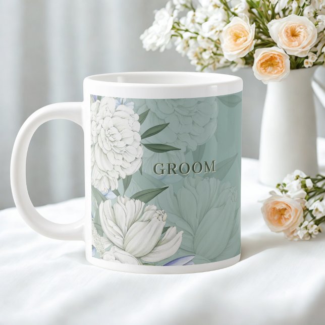 Groom Wedding Gift – Sage Green & Peonies Floral Jumbo-Tasse (Von Creator hochgeladen)