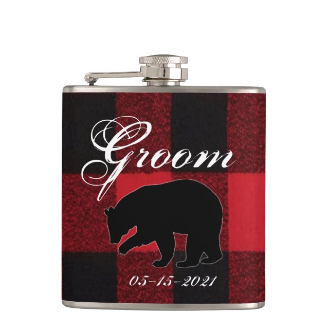 Groom Whiskey Flask Red Buffalo Karierter Bär Schw Flachmann (Vorderseite)