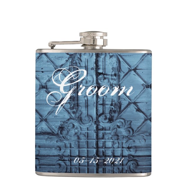 Groom Whiskey Flask Rustikale Zinndeckelhöhe Flachmann (Vorderseite)