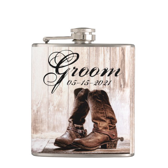 Groom Whiskey Flask stiefeln Land rustikaler Weste Flachmann (Vorderseite)