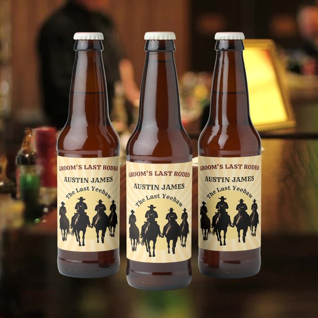 Groom's letzte Rodeo Cowboy Sunset Bachelor Party Bierflaschenetikett (Groom’s Last Rodeo Cowboy Sunset Bachelor Party Beer Bottle Label)