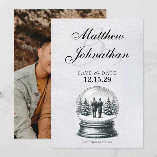 Grooms Snow Globe Save The Date (Vorne/Hinten)