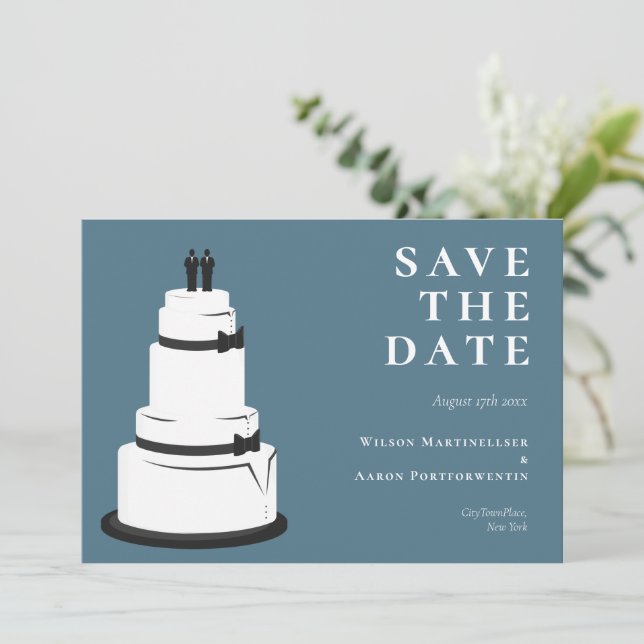 Grooms Wedding Cake Blue LGBTQ Save the Date (Stehend Vorderseite)