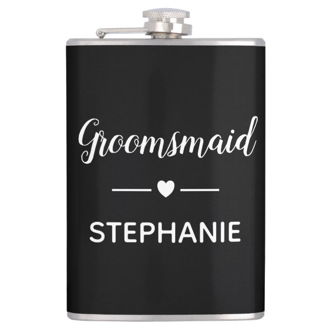 Groomsmaid White on Black Personalisiert Wedding Flachmann (Vorderseite)