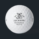 Groomsman Black Wedding Rings Golfball<br><div class="desc">These golf balls are a great favor for the groomsmen in your wedding party. They feature a pair of wedding rings topped with am elegant bow in black. With a first name in a traditional CAP font and the job groomsman in a coordinating script font also in black they're perfect...</div>