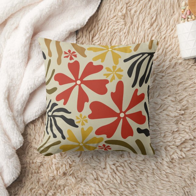 Groovanische Blume und Blätter Rot, Gelb, Braun Kissen (Decke)