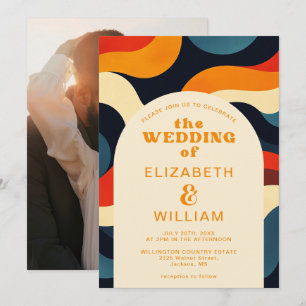 Groovige farbenfrohe Retro-Wellen-Boho-Hochzeitsfo Einladung