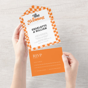Groovige orange karierte einzigartige moderne Hoch All In One Einladung