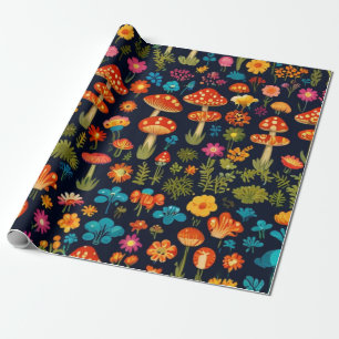 Grooviges Pilz- und Blumenmuster Geschenkpapier