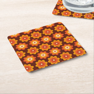 Grooviges Retro-70er-Boho-Hippie-Orangen-Blumenmus Rechteckiger Pappuntersetzer