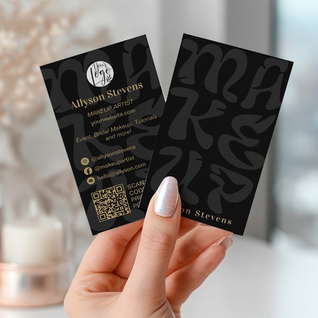 Grooviges Retro-Schwarz-Logo-QR-Code-Makeup Visitenkarte (Groovy retro black logo qr code Makeup Business Card)