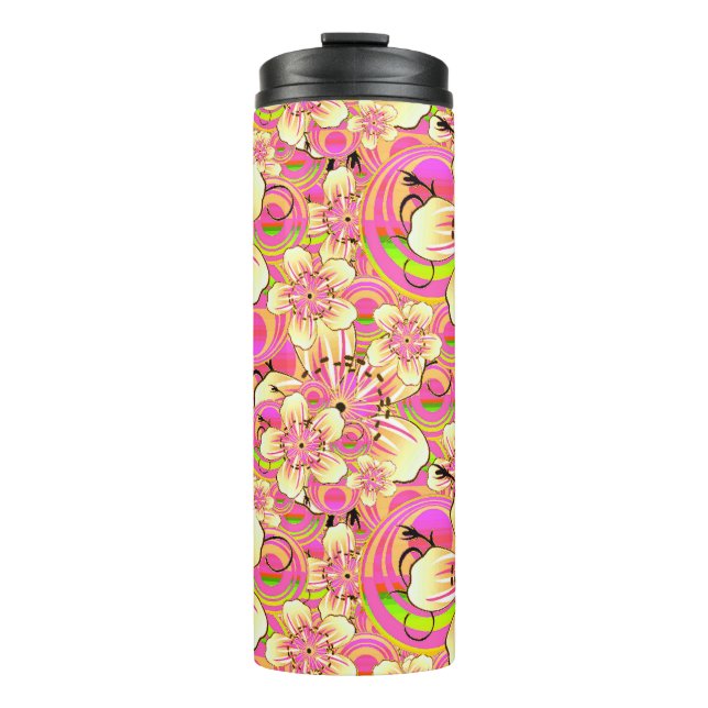 grooviges rosa Blumenmuster Thermosbecher (Vorderseite)
