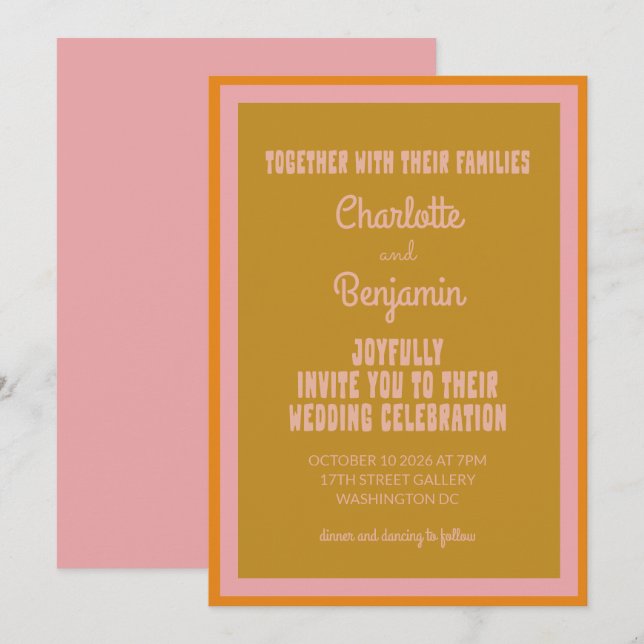 Groovy 60er 70er Colorful Pink Senf Wedding Einladung (Vorne/Hinten)