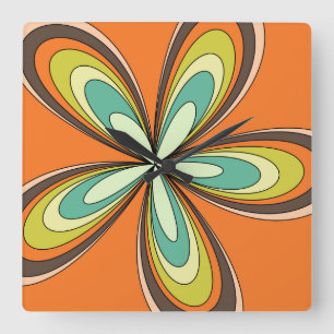 Groovy 60er 70er Hippie-Blume Orange Retro-Margeri Quadratische Wanduhr