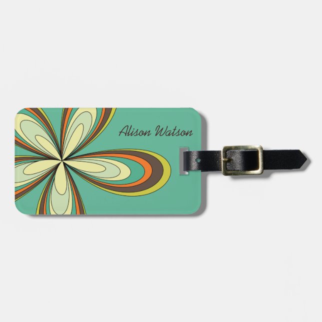 Groovy 60er 70er Hippie Blume Türkis Daisy Name Gepäckanhänger (Vorderseite horizontal)