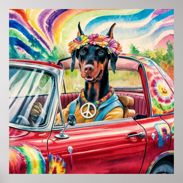 Groovy 60er Dobermann in Red Convertible Poster (Vorne)