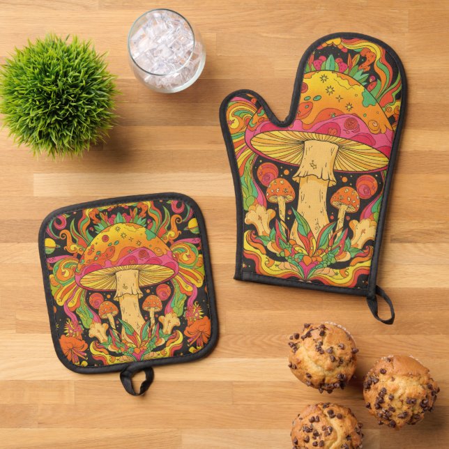 Groovy 60er Psychedelic Retro Mushroom Hippie Ofenhandschuh & Topflappen-Set (Oben Unten)