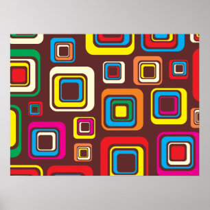 Groovy 70er Fliesen-Muster-Quadrate auf Brown Poster