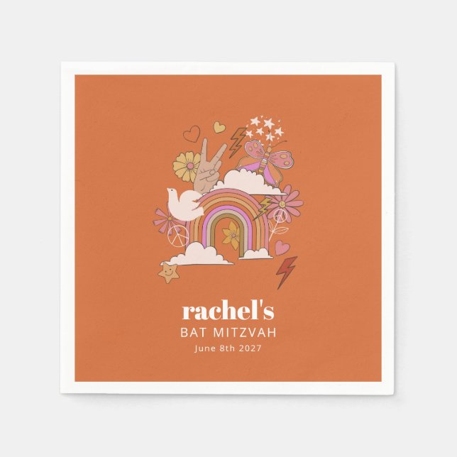 Groovy 70er Hippie Peace Orange Bat Mitzvah Custom Serviette (Vorderseite)