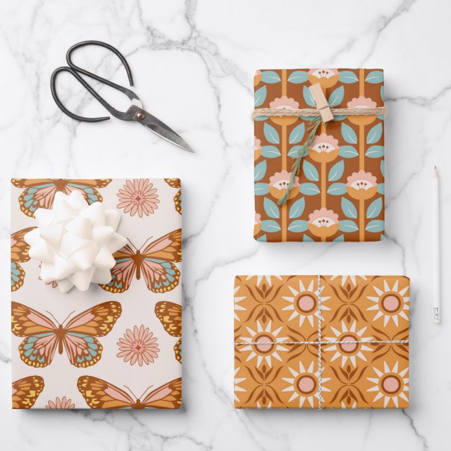 Groovy 70er Jahre Schmetterlinge, Blume und geomet Geschenkpapier Set (Vorderseite)