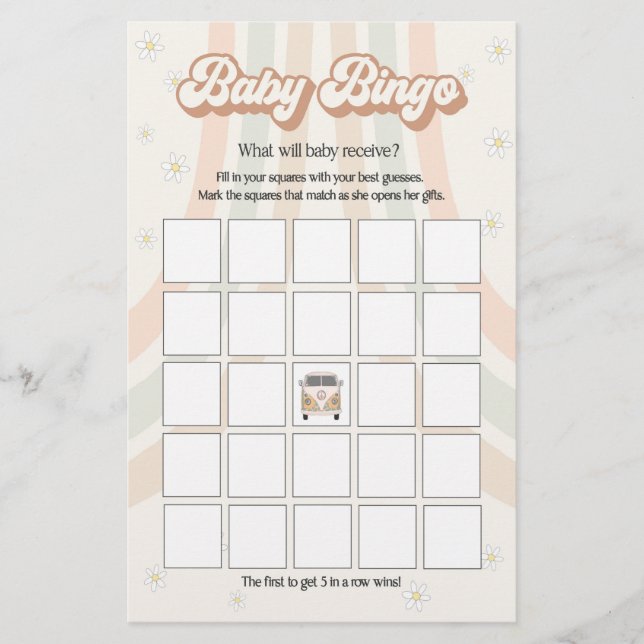 Groovy 70er Retro Baby Dusche Spiel, Baby Bingo (Vorderseite)