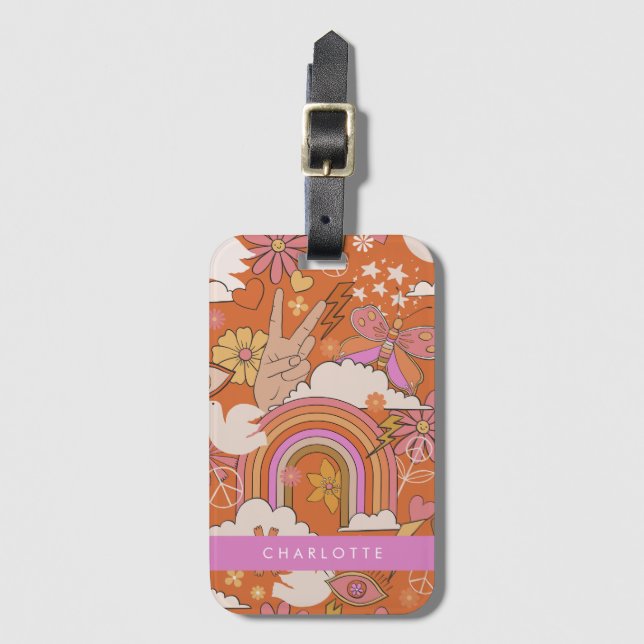 Groovy 70er Retro Hippie Peace Orange Bohemisch Gepäckanhänger (Vorderseite Vertikal)