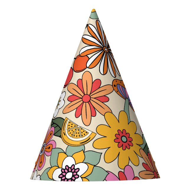 Groovy 70's, Orange, Pink und Green Floral Partyhütchen (Vorderseite)