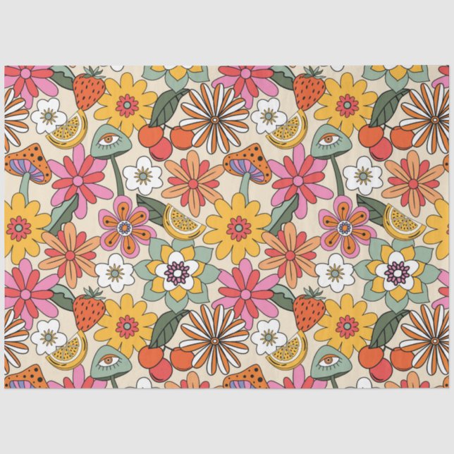 Groovy 70's, Orange, Pink und Green Floral Seidenpapier (Vorderseite)
