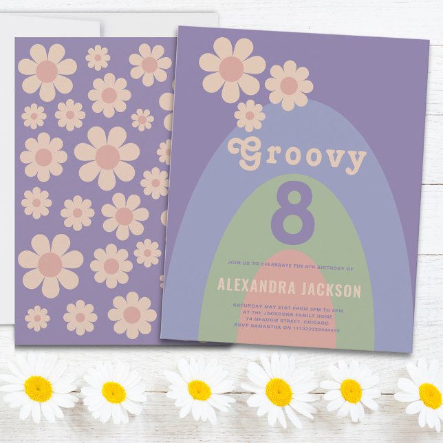 Groovy 8 Retro 8. Geburtstagsparty Budget (Groovy 8 Retro 70s daisy arch pastel 8th birthday party budget invitation )