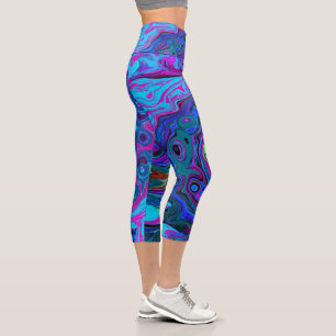 Groovy Abstract Retro Blau und Lila Wirbel Capri Leggings