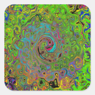 Groovy Abstract Retro Limettengrün und Blau Wirbel Quadratischer Aufkleber
