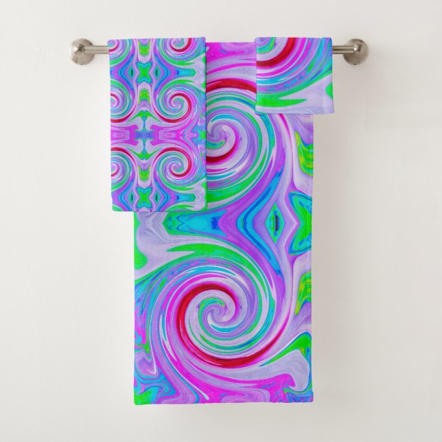 Groovy Abstrakt Red Swirl auf Lila und rosa Badhandtuch Set (Insitu)