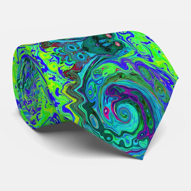 Groovy Abstrakt Retro Grün und Blau Swirl Krawatte (Gerollt)