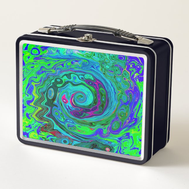 Groovy Abstrakt Retro Grün und Blau Swirl Metall Brotdose (Vorderseite)