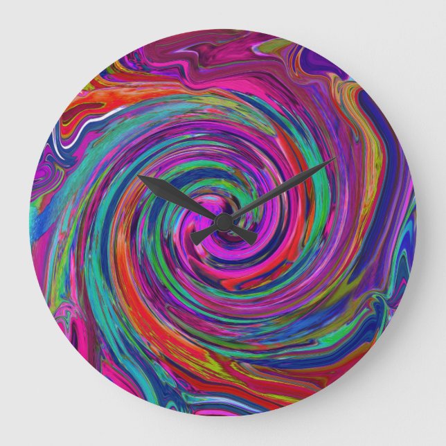 Groovy Abstrakt Retro Magenta Dark Rainbow Swirl Große Wanduhr (Vorderseite)